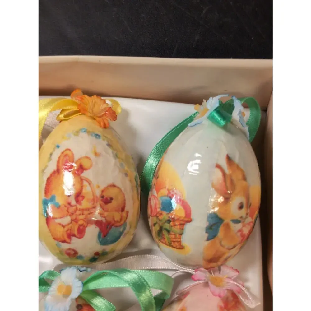 6 Vintage Easter Egg Paper Mache Decoupage Ornaments Bunny Chick Kitschy 3”